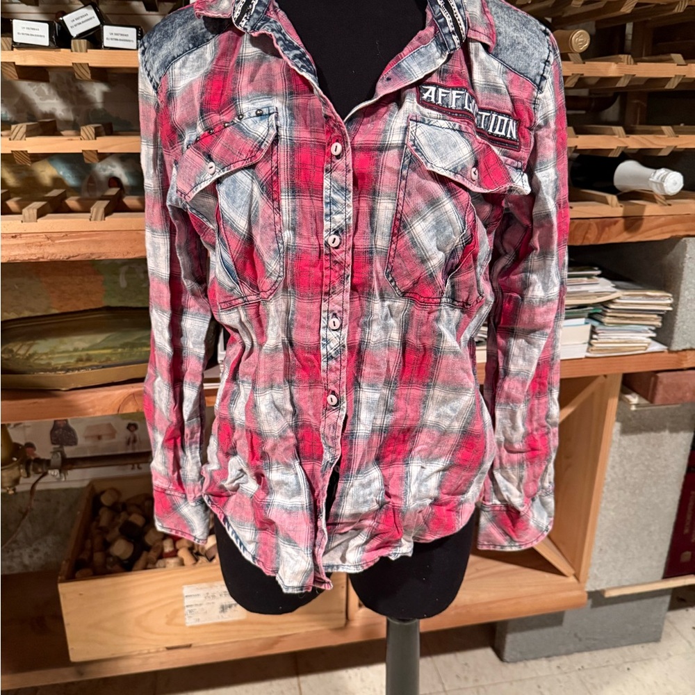 Affliction Red and Gray Plaid Shirt